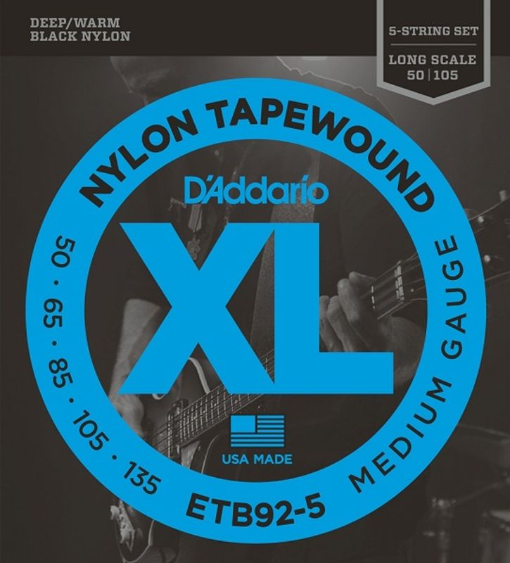 D'Addario EETB92-5 Bass Strenger, Black Nylon, Long Scale